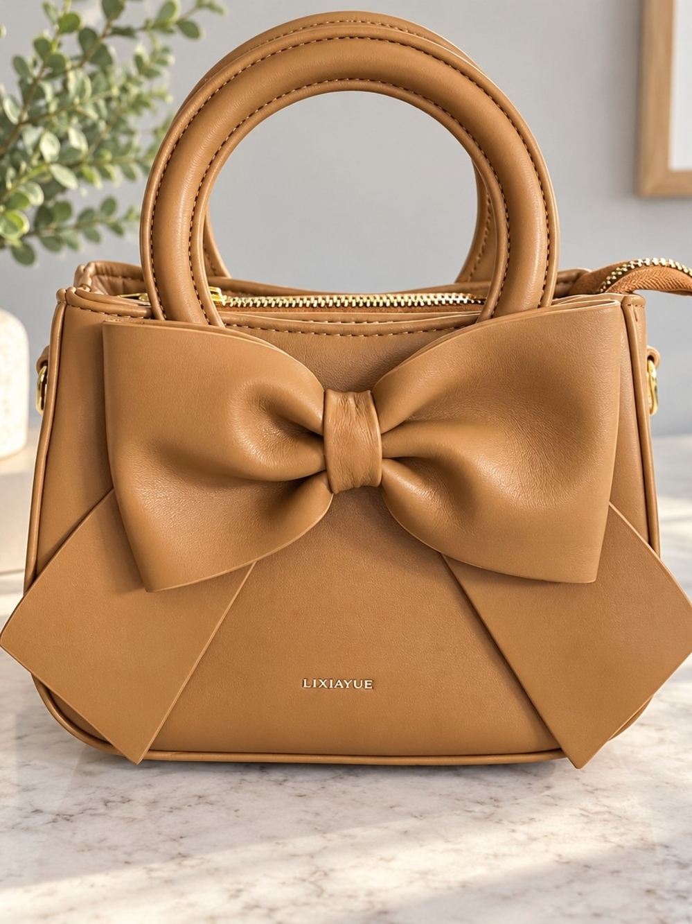 Women’s Tan Bow Accent Top-Handle Bag